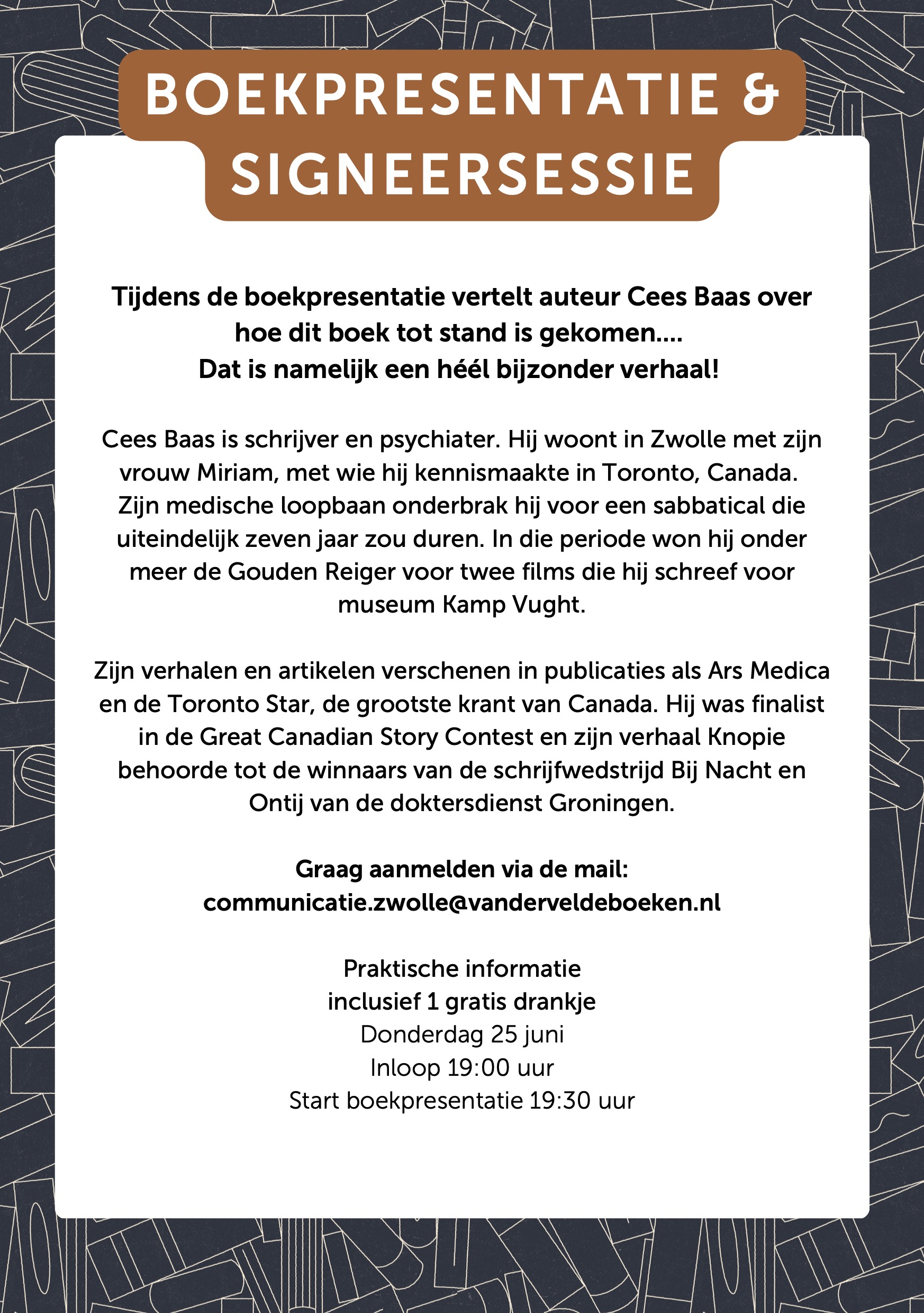 Achterkant flyer boekpresentatie Code Berna — donderdag 25 juni, Van der Velde Boeken Zwolle